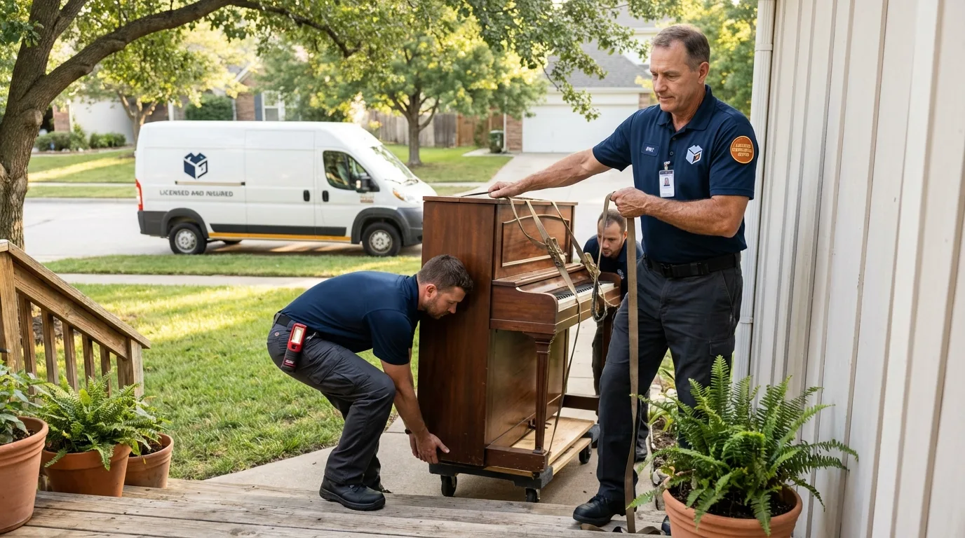 Licensed piano movers securing grand piano in Paris, TX