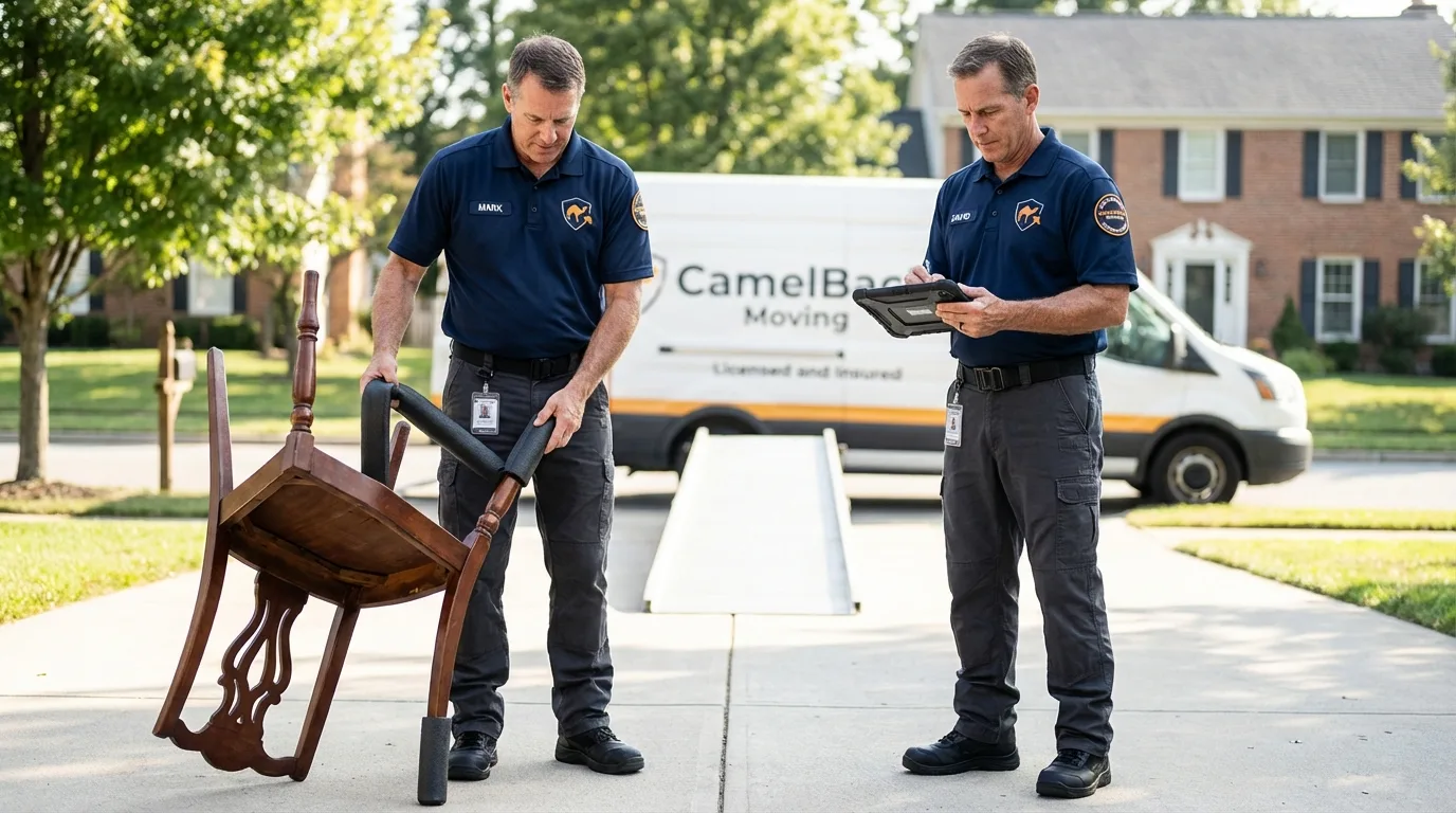 Movers inspecting furniture for damage prevention before loading in Paris, TX